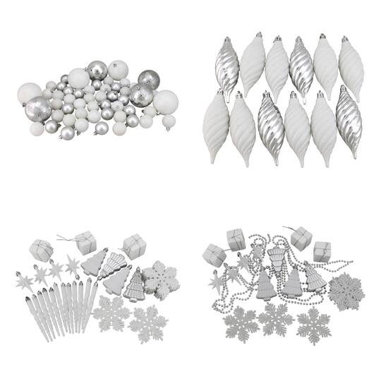 125ct. Winter White & Silver Shatterproof 4-Finish Christmas Ornaments